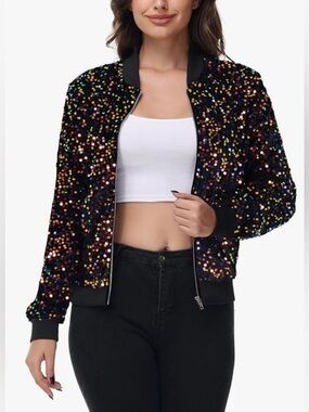 Anna Kaci Sequin Bomber Jacket Black Rainbow Party Sparkle Zip Small